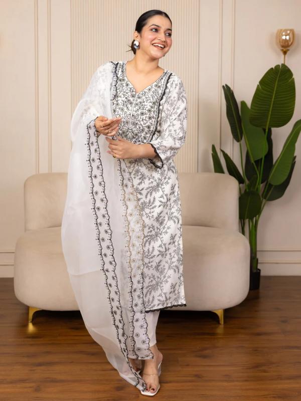 VP 9748 C Cream Silk Blend Kurta with Trousers & Dupatta Suits